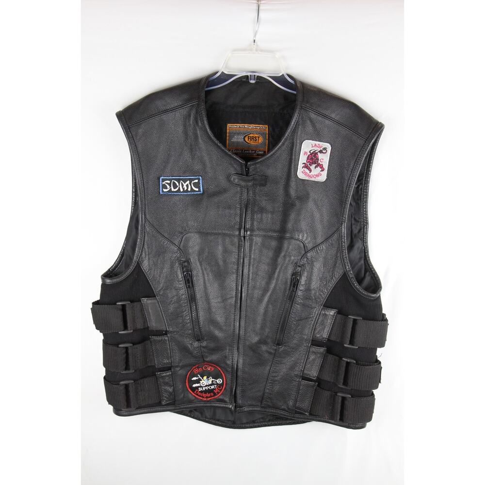First Classics Vest Leather Gear Men’s Large Black Motorcycle Patches Straps